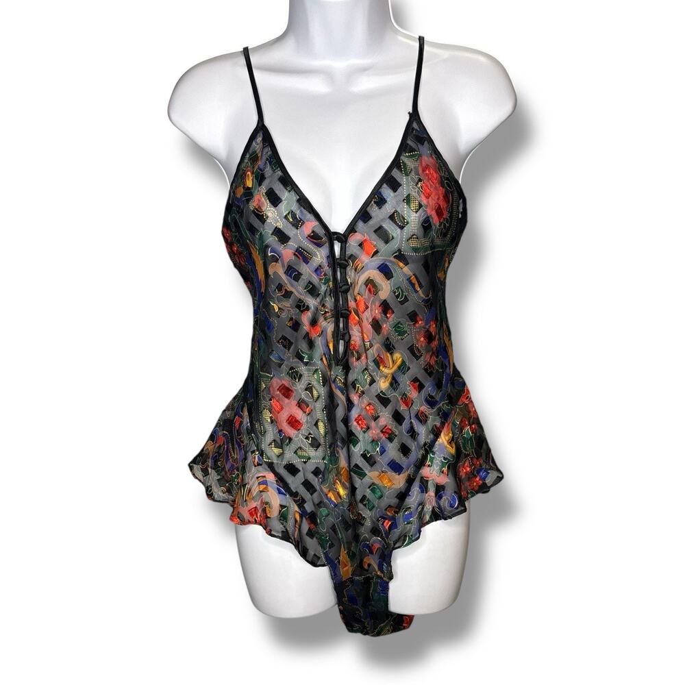 VTG Victoria's Secret Gold Label Chemise Bodysuit Small Floral Sheer Lingerie